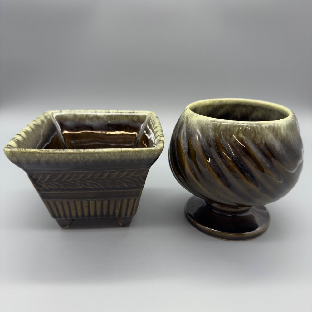 Vintage Hull Pottery USA Set of 2 Brown Green Drip Glaze Ceramic Planters MCM